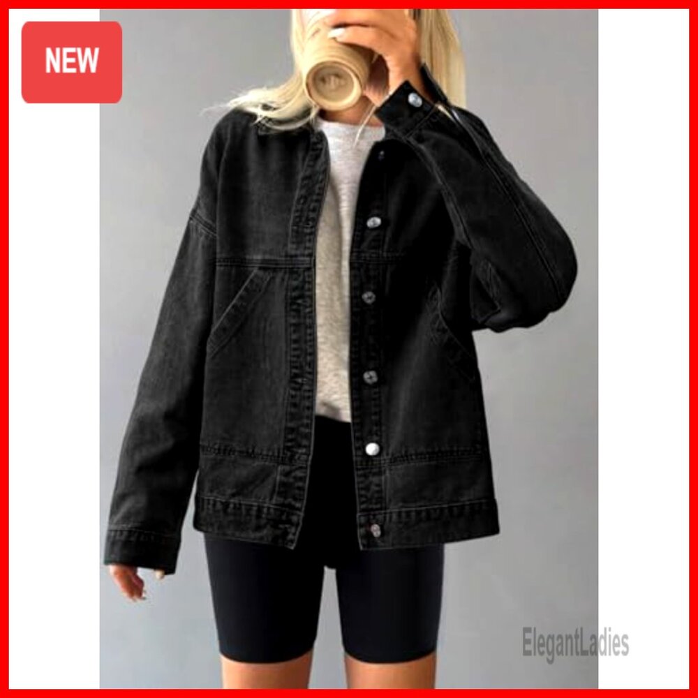 Denim Jacket Drop Shoulder Button Front Casual Lo… - image 4